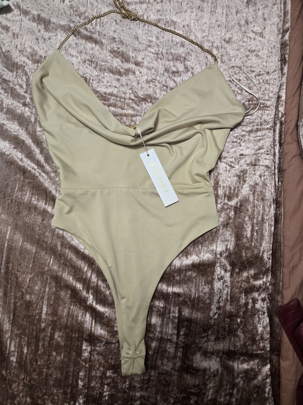 Meshki Beige/Tan Satin Cowl Neck Bodysuit with Gold Chain Strap